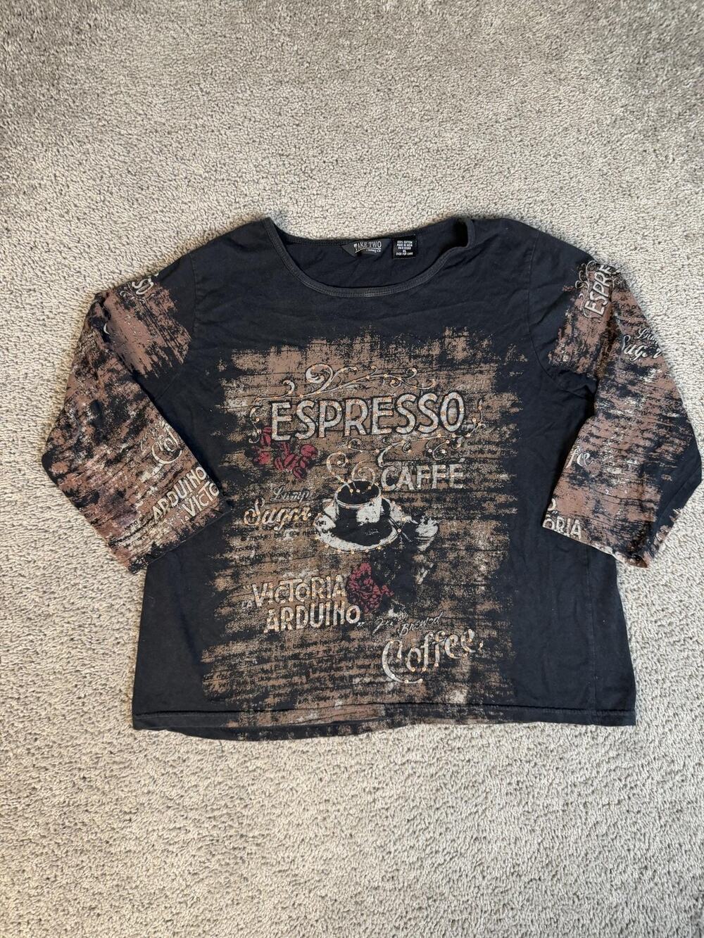 TAKE TWO Tunic Womens XL Black Espresso Caffe Graphic 3/4 Sleeve Cotton